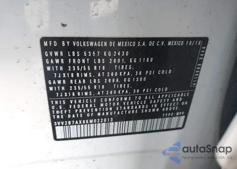 2019 Volkswagen Tiguan 2.0T Se/2.0T Sel/2.0T Sel R-Line/2.0T Sel R-Line Black из США, поврежденный, VIN 3VV2B7AX6KM022013